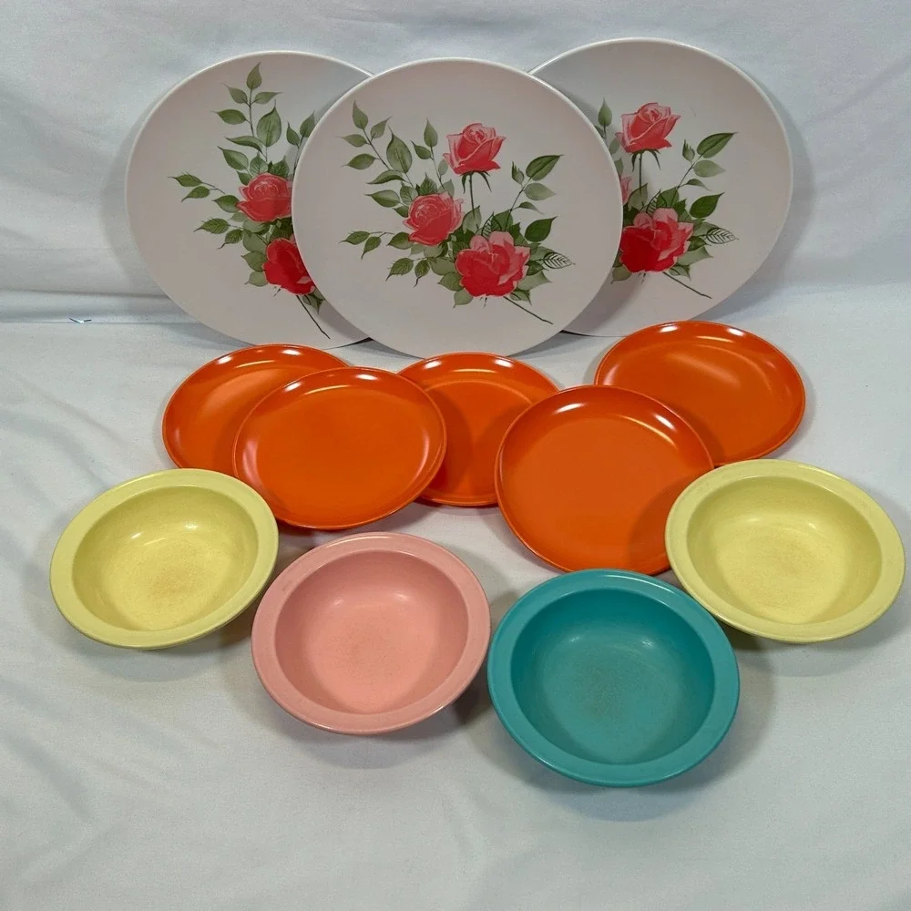 Vintage Dish Set Bowl Plate Melamine PROLON Ware Melmac MCM 1950s 1960s Floral